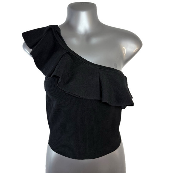 Express Black Body Contour Ruffle One Shoulder Cropped Sweater Tank SKU0545 - Picture 2 of 7